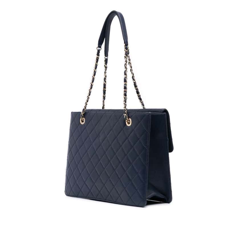 Chanel Quilted Sheepskin Beauty Lock Shopping Tote Blue Leather Good condition - Back View