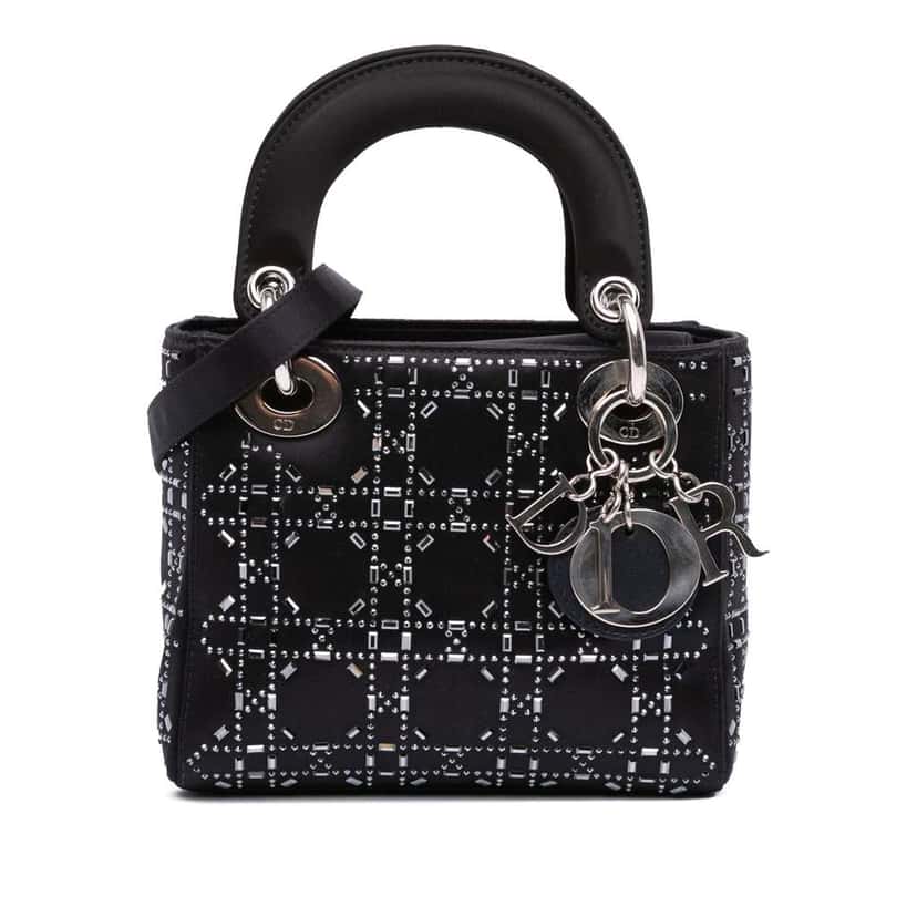 Dior Mini Satin Cannage Strass Crystal Embellished Lady Dior Black Satin Good condition - Front View