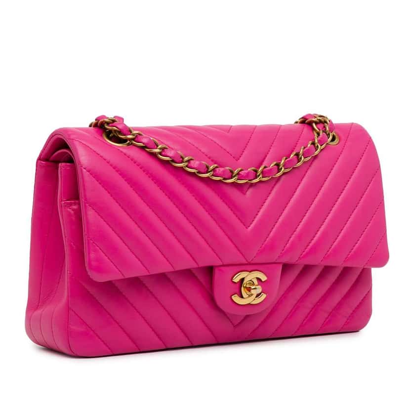Chanel Medium Chevron Lambskin Double Flap Pink Leather Good condition - Back View