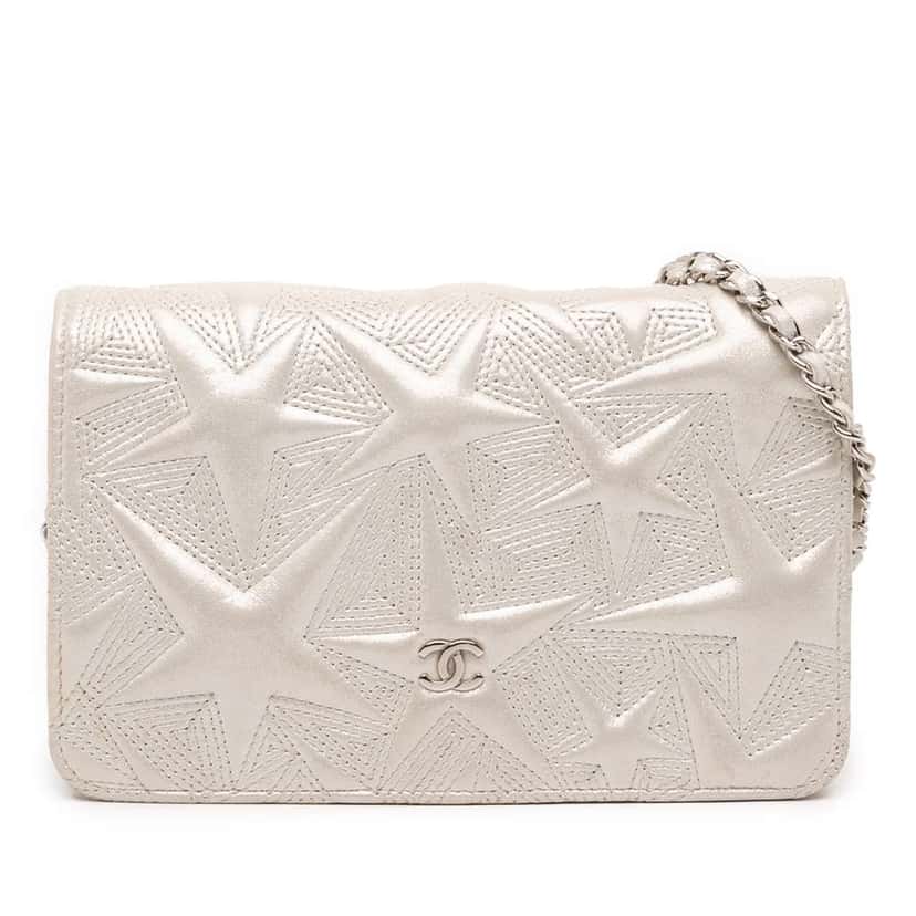 Chanel Metallic Lambskin Star Embossed Wallet On Chain Silver Leather Good condition - Front View