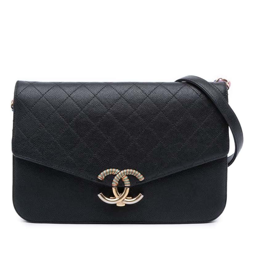 Chanel Paris Cuba Medium Caviar Thread Around Flap Black Leather Very good condition - Front View