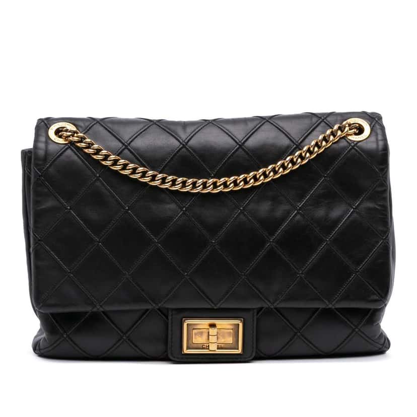 Chanel Large Reissue 2.55 Diamond Debossed Calfskin Cosmos Flap Black Leather Good condition - Front View