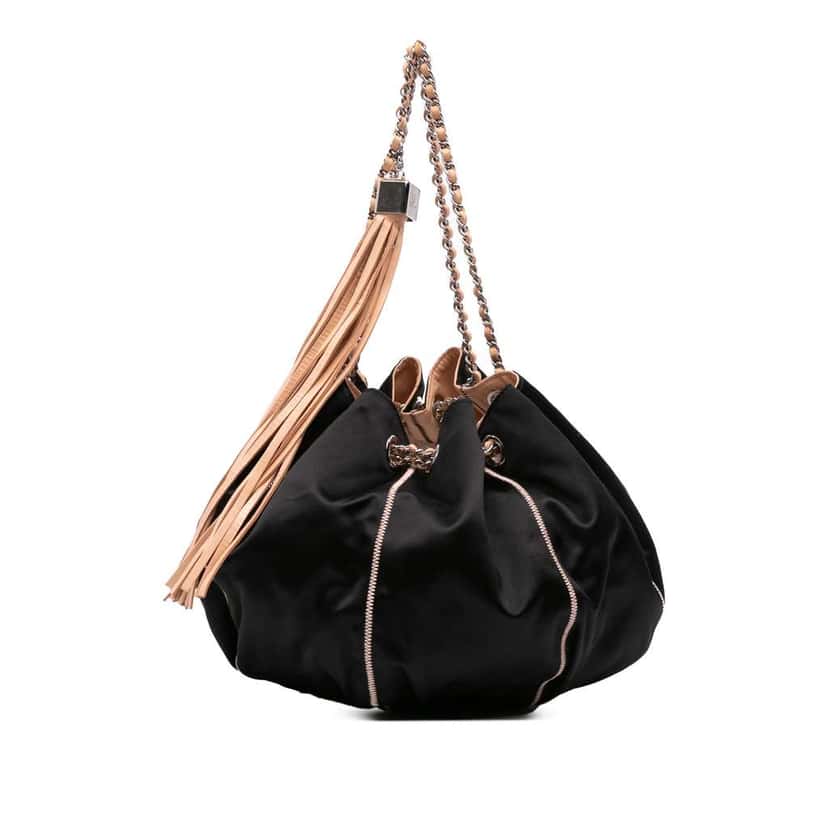 Chanel Lambskin and Satin Reversible Sac Cordon Bucket Bag Black Satin Good condition - Front View