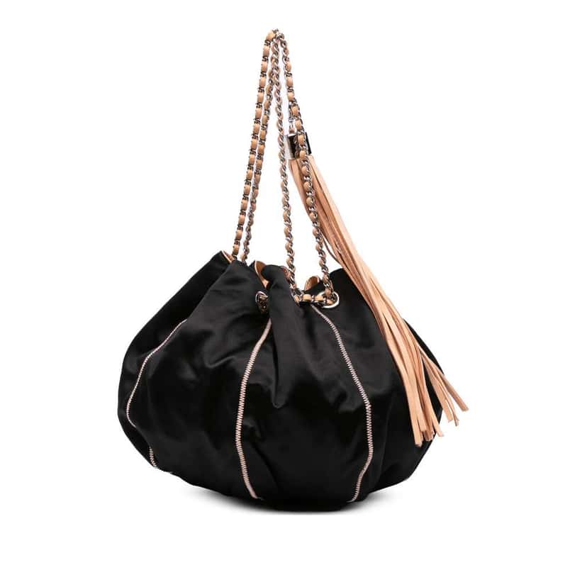 Chanel Lambskin and Satin Reversible Sac Cordon Bucket Bag Black Satin Good condition - Back View