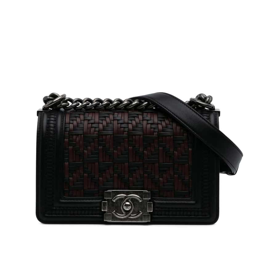Chanel Small Bicolor Woven Calfskin Boy Flap Black Leather Good condition - Front View