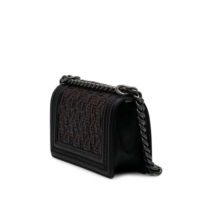 Chanel Small Bicolor Woven Calfskin Boy Flap Black Leather Good condition - Back View