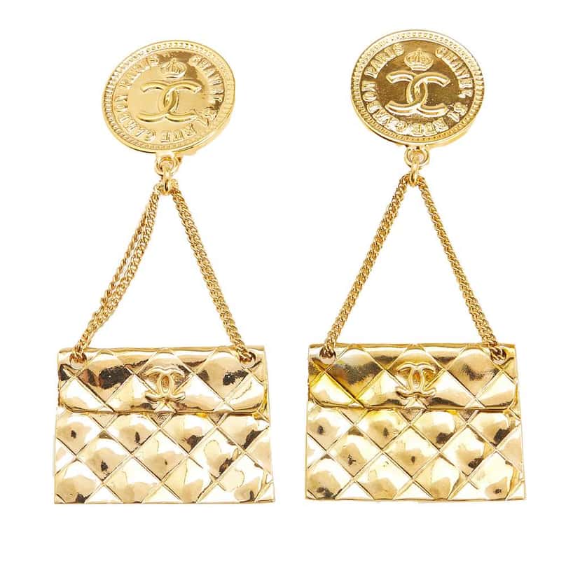 Chanel Gold Plated Flap Bag Drop Clip On Earrings Gold Metal Good condition - Front View