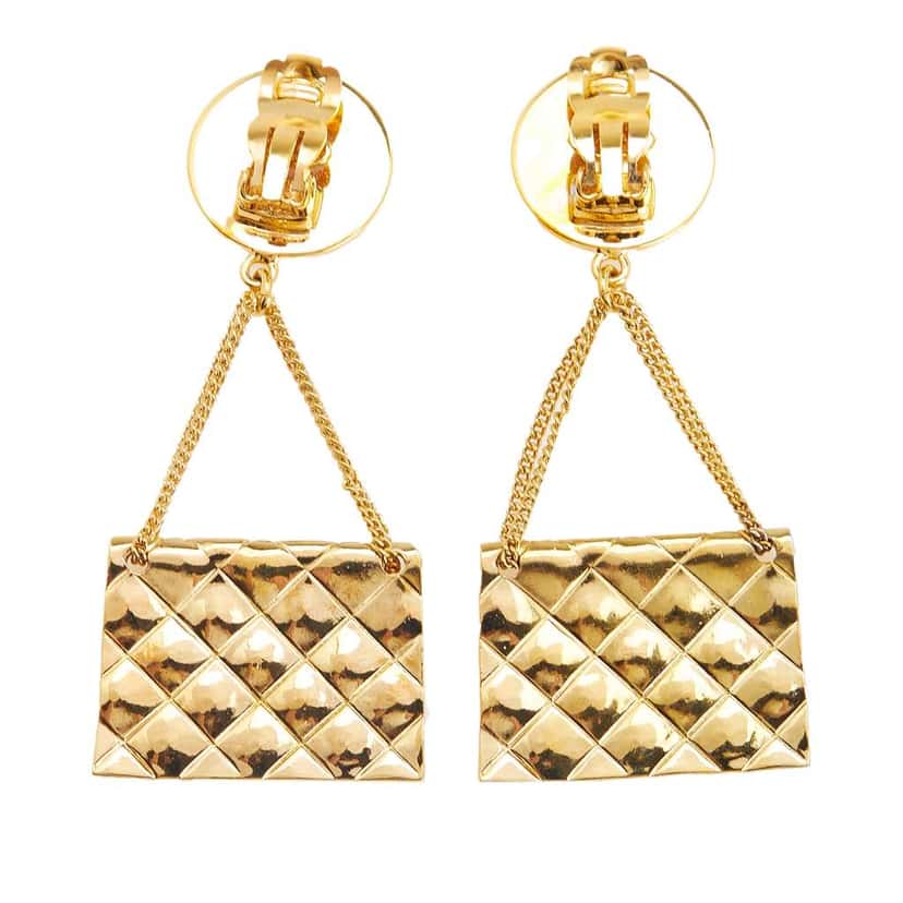 Chanel Gold Plated Flap Bag Drop Clip On Earrings Gold Metal Good condition - Back View