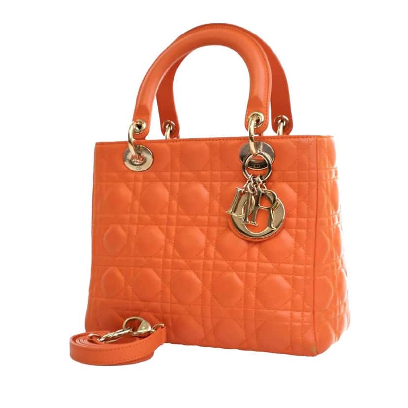 Dior Medium Lambskin Cannage Lady Dior Orange Leather Good condition - Inside View