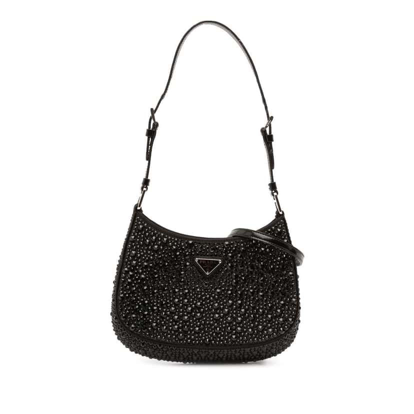 Prada Crystal Embellished Satin Cleo Shoulder Bag Black Satin Good condition - Front View