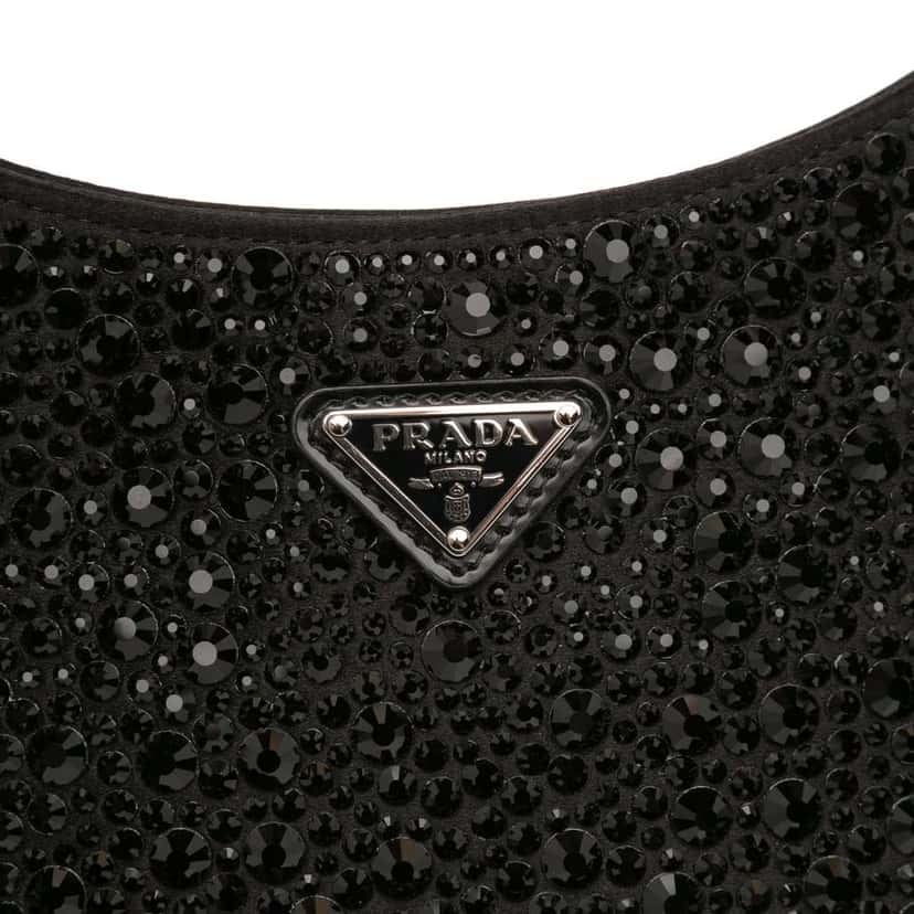 Prada Crystal Embellished Satin Cleo Shoulder Bag Black Satin Good condition - Box View