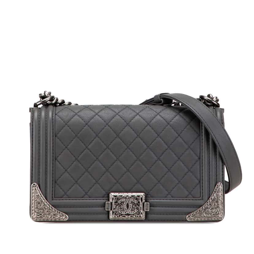Chanel Paris-Dallas Old Medium Quilted Calfskin Cowboy Boy Flap Grey Leather Good condition - Front View