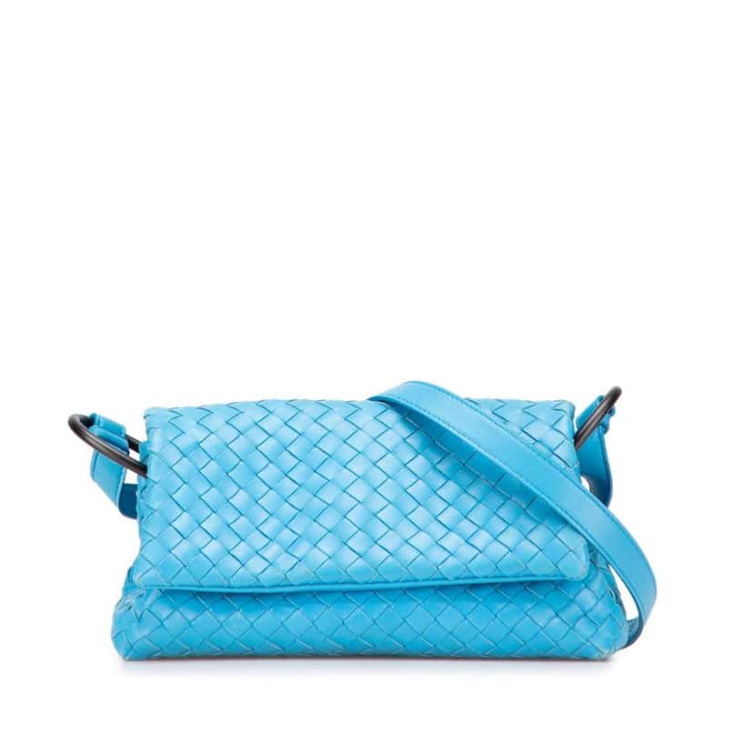 Bottega Veneta Nappa Intrecciato Flap Crossbody Blue Leather Very good condition - Front View