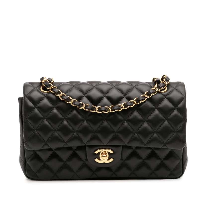 Chanel Medium Classic Lambskin Double Flap Black Leather Good condition - Front View