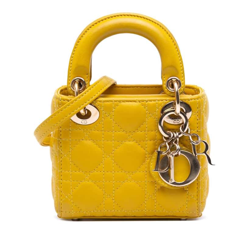 Dior Micro Lambskin Cannage Lady Dior Yellow Leather Very good condition - Front View