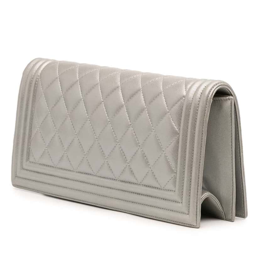 Chanel Quilted Lambskin Boy Flap Clutch Silver Leather Good condition - Back View