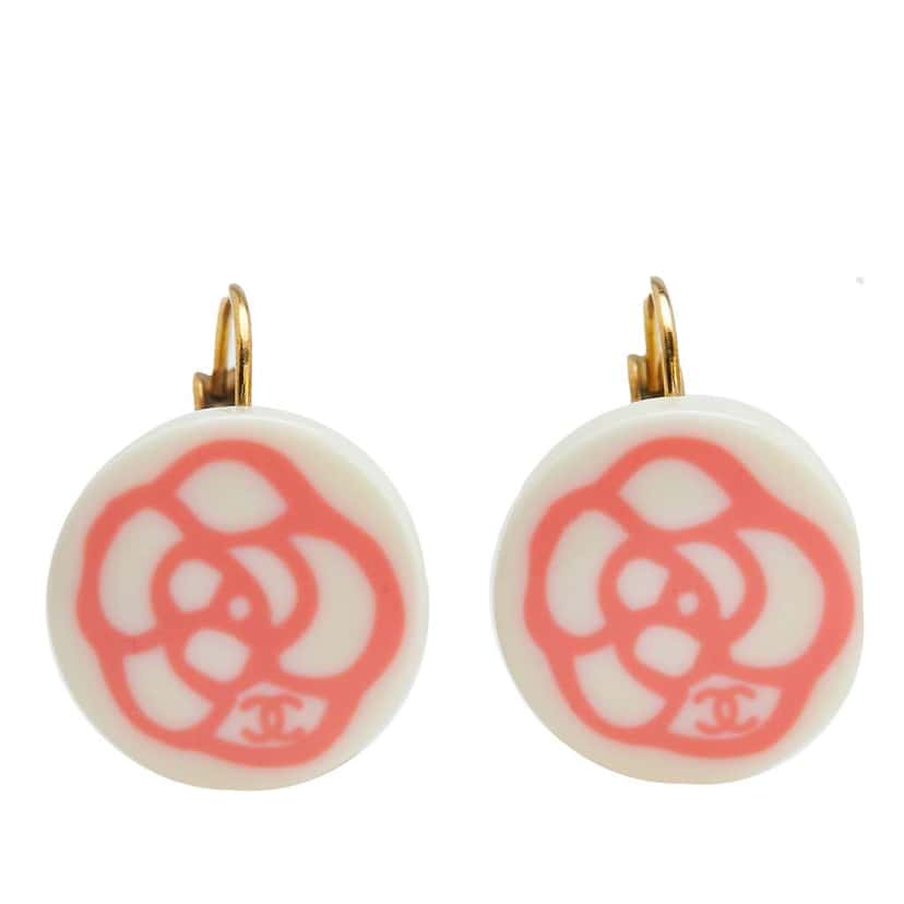Chanel Resin Camellia Clip-On Drop Earrings White Good condition - Front View