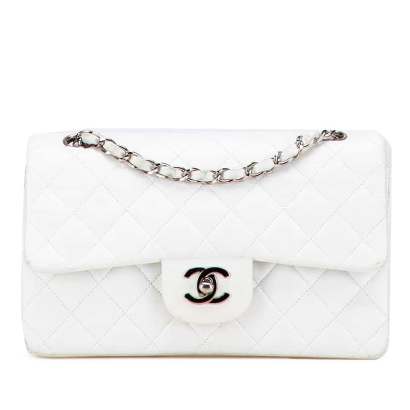 Chanel Small Classic Lambskin Double Flap White Leather Good condition - Front View