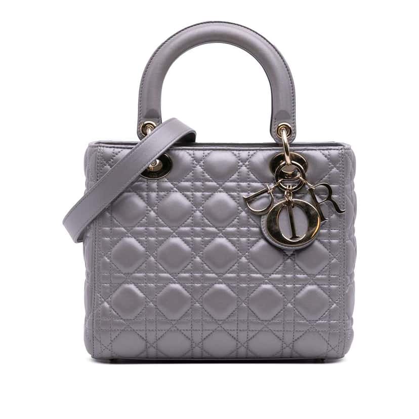 Dior Medium Pearlescent Lambskin Cannage Lady Dior Grey Leather Good condition - Front View