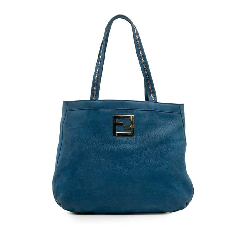 Fendi Nubuck FF Chains Tote Blue Leather Good condition - Front View
