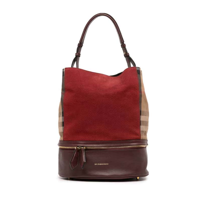 Burberry Nubuck and House Check Canvas Beckett Bucket Bag Red Leather Good condition - Front View