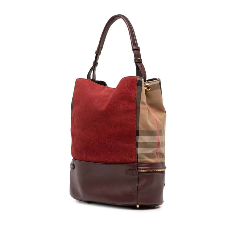 Burberry Nubuck and House Check Canvas Beckett Bucket Bag Red Leather Good condition - Back View