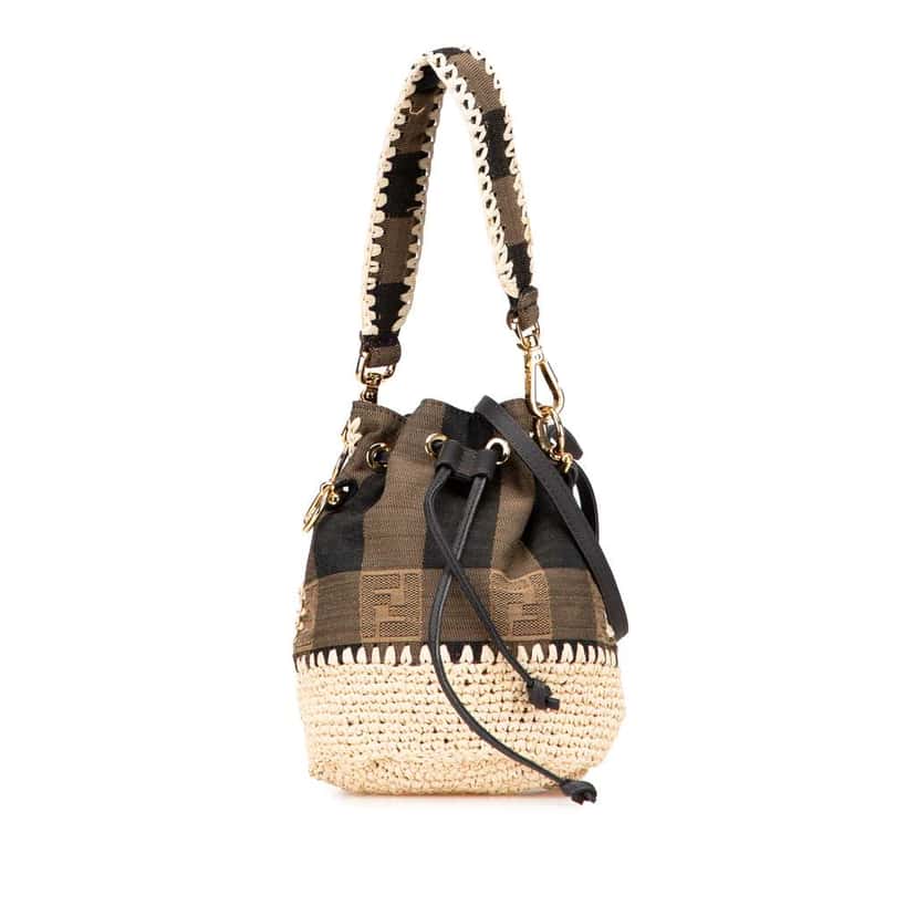 Fendi Zucca Pequin Jaquard and Straw Mon Tresor Bucket Bag Brown Jacquard Good condition - Front View