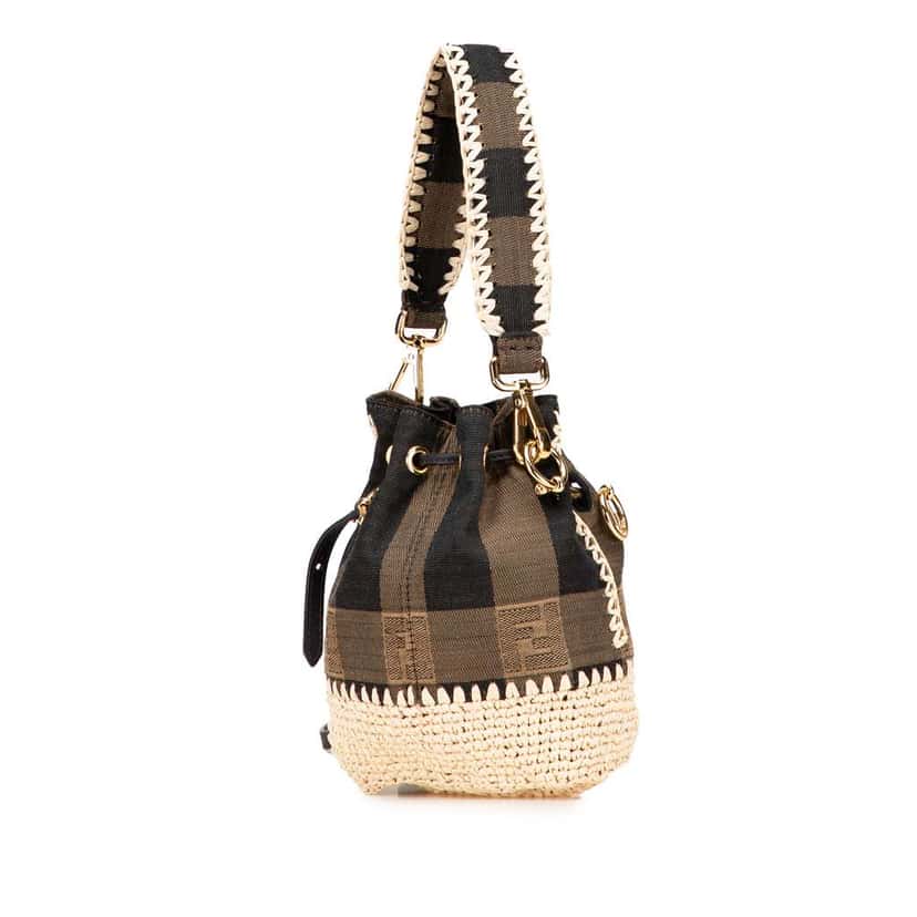 Fendi Zucca Pequin Jaquard and Straw Mon Tresor Bucket Bag Brown Jacquard Good condition - Back View