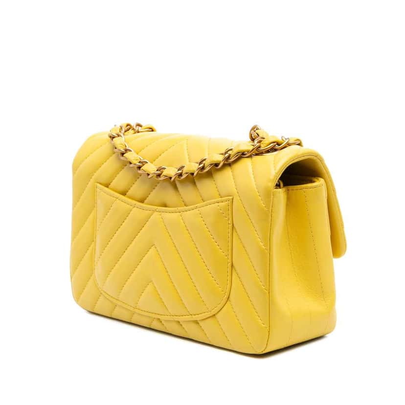 Chanel Mini Rectangular Classic Chevron Lambskin Single Flap Yellow Leather Good condition - Back View