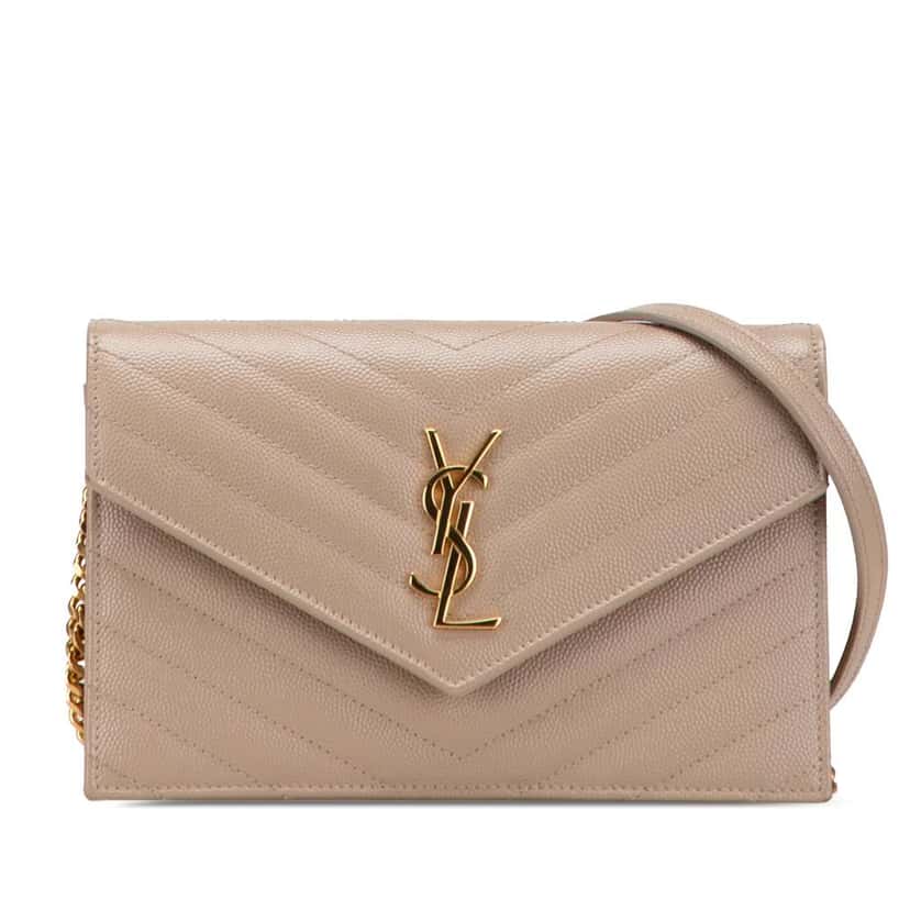 Saint Laurent Grain De Poudre Cassandre Envelope Chain Wallet Brown Leather Good condition - Front View