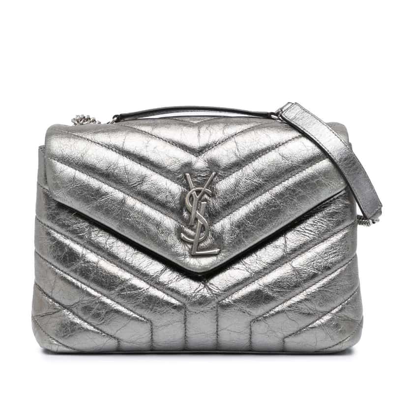 Saint Laurent Small Metallic Calfskin Monogram Loulou Chain Shoulder Bag Silver Leather Good condition - Front View