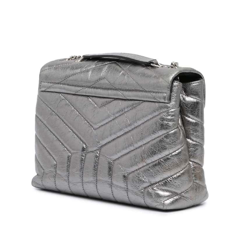 Saint Laurent Small Metallic Calfskin Monogram Loulou Chain Shoulder Bag Silver Leather Good condition - Back View