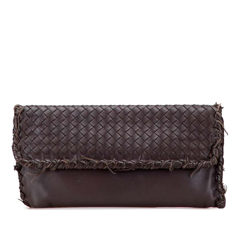 Bottega Veneta Nappa Intrecciato Fringe Flap Clutch Brown Leather Good condition - Front View