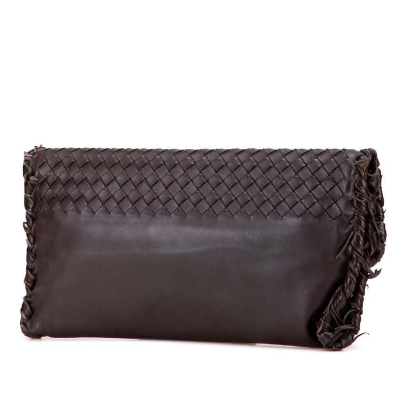 Bottega Veneta Nappa Intrecciato Fringe Flap Clutch Brown Leather Good condition - Back View