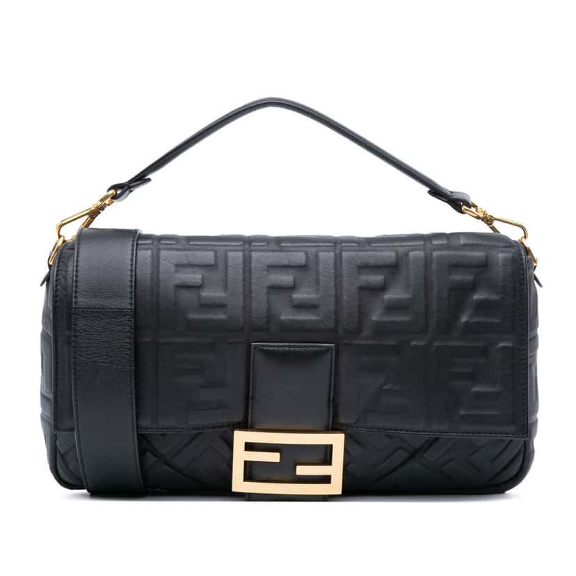 Fendi Large Zucca Embossed Leather Baguette Satchel Black Leather Good condition - Front View