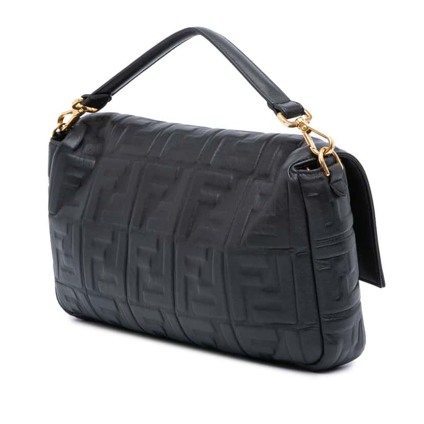 Fendi Large Zucca Embossed Leather Baguette Satchel Black Leather Good condition - Back View