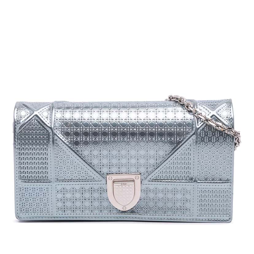 Dior Metallic Patent Microcannage Diorama Wallet on Chain Blue Leather Good condition - Front View