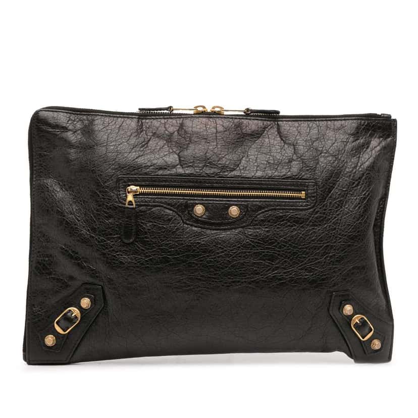 Balenciaga Lambskin Motocross Giant 12 Zip Around Flat Clutch Black Leather Good condition - Front View