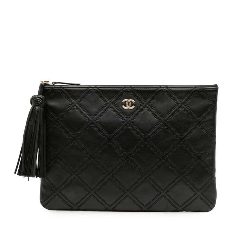 Chanel Medium Quilted Lambskin Double Stitch Tassel O Case Clutch Black Leather Good condition - Front View