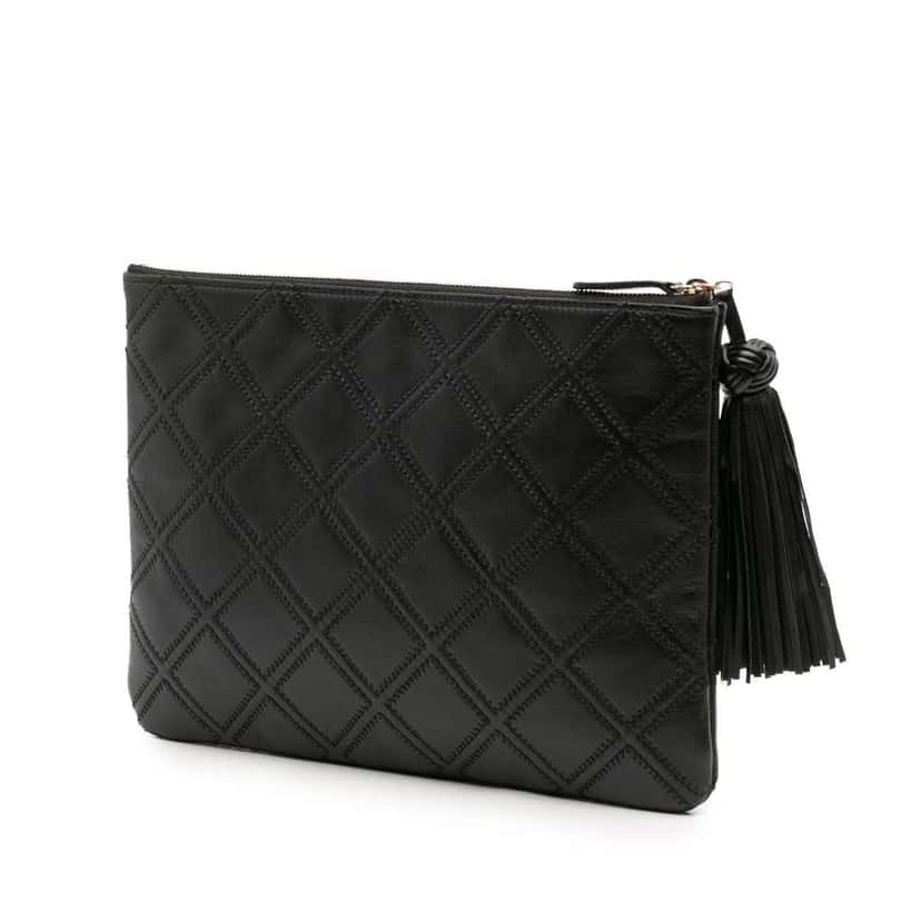 Chanel Medium Quilted Lambskin Double Stitch Tassel O Case Clutch Black Leather Good condition - Back View