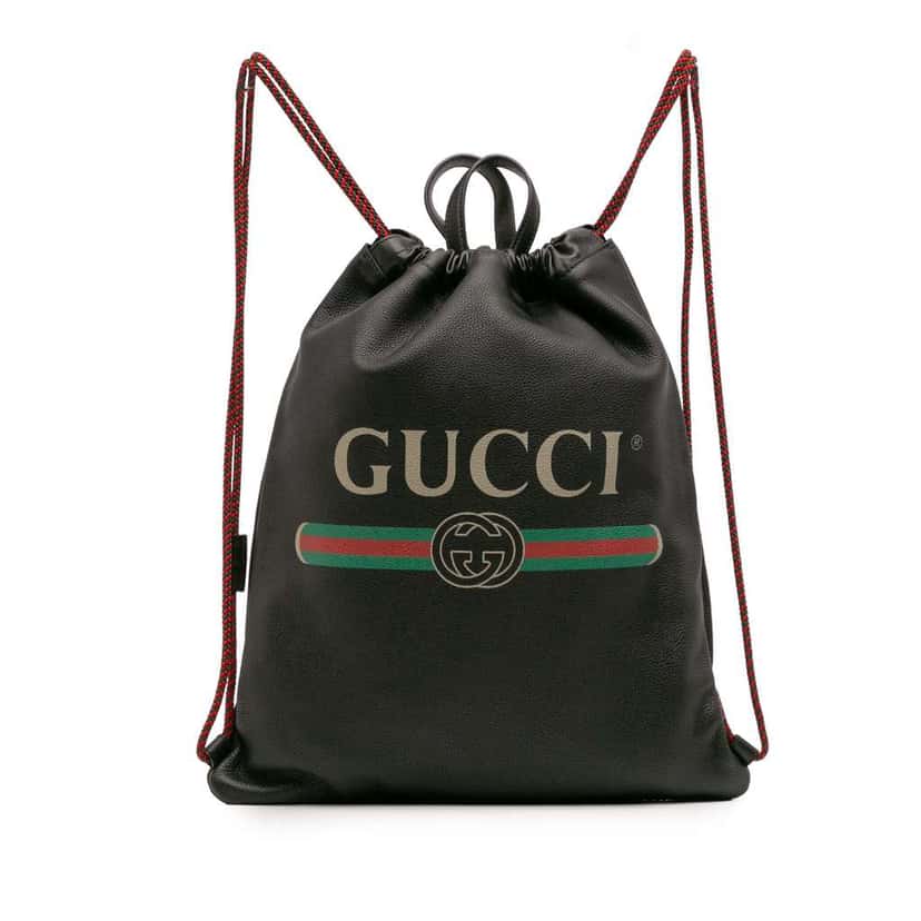 Gucci Leather Logo Drawstring Backpack Black Leather Good condition - Front View
