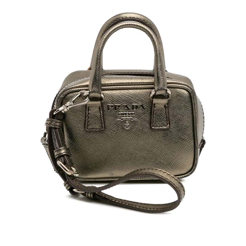 Prada Mini Metallic Saffiano Top Handle Bag Charm Grey Leather Very good condition - Front View