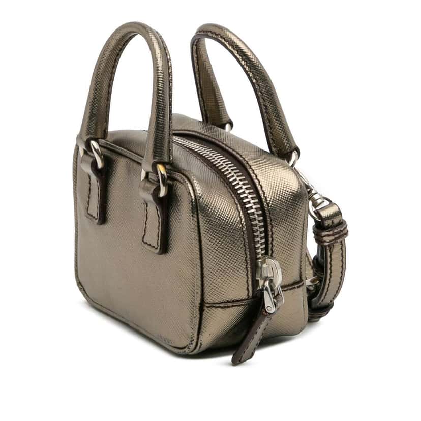 Prada Mini Metallic Saffiano Top Handle Bag Charm Grey Leather Very good condition - Back View