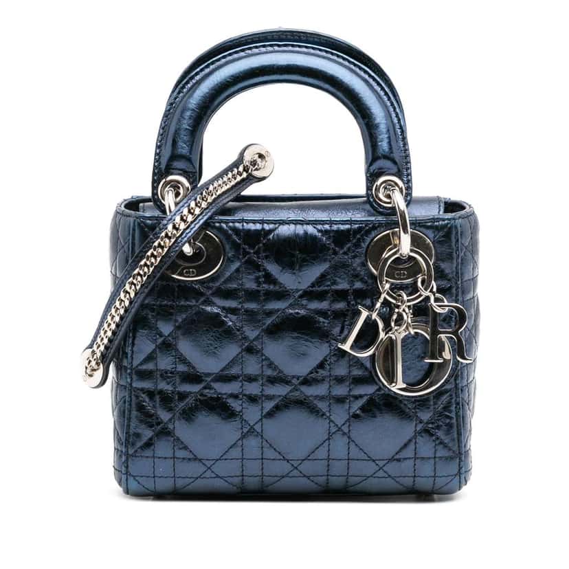 Dior Mini Crinkled Calfskin Cannage Lady Dior Blue Leather Good condition - Front View