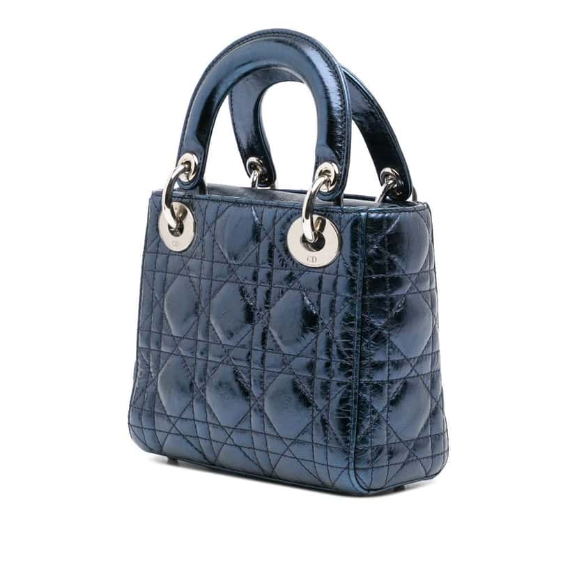 Dior Mini Crinkled Calfskin Cannage Lady Dior Blue Leather Good condition - Back View