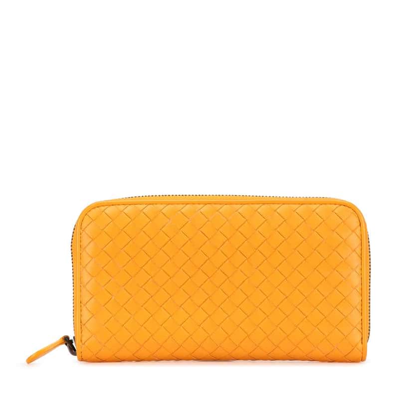 Bottega Veneta Leather Intrecciato Zip Around Wallet Orange Leather Good condition - Front View