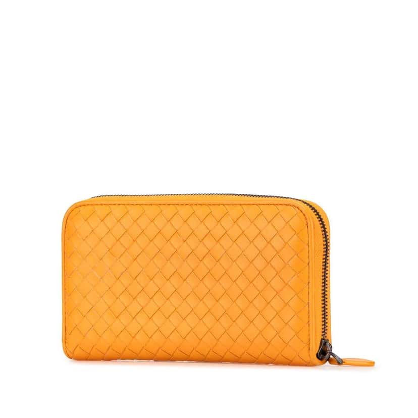 Bottega Veneta Leather Intrecciato Zip Around Wallet Orange Leather Good condition - Back View