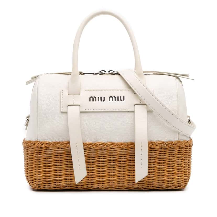 Miu Miu Wicker Trimmed Leather Top Handle Bag White Leather Good condition - Front View