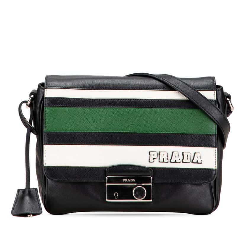 Prada Saffiano Righe Sound Lock Crossbody Black Leather Good condition - Front View