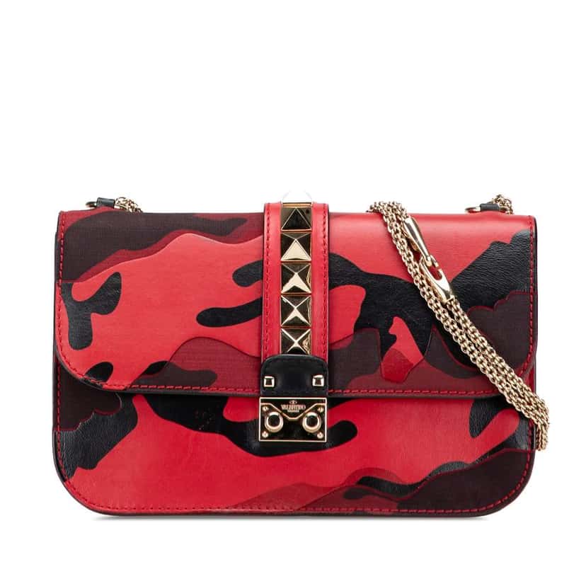 Valentino Medium Nappa and Canvas Camouflage Rockstud Glam Lock Crossbody Red Leather Good condition - Front View